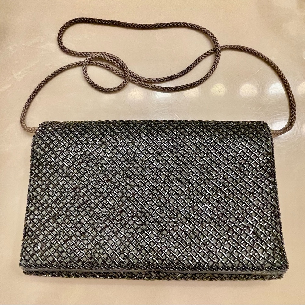 VTG Elegant Gray & Silver Convertible Beaded Evening Clutch